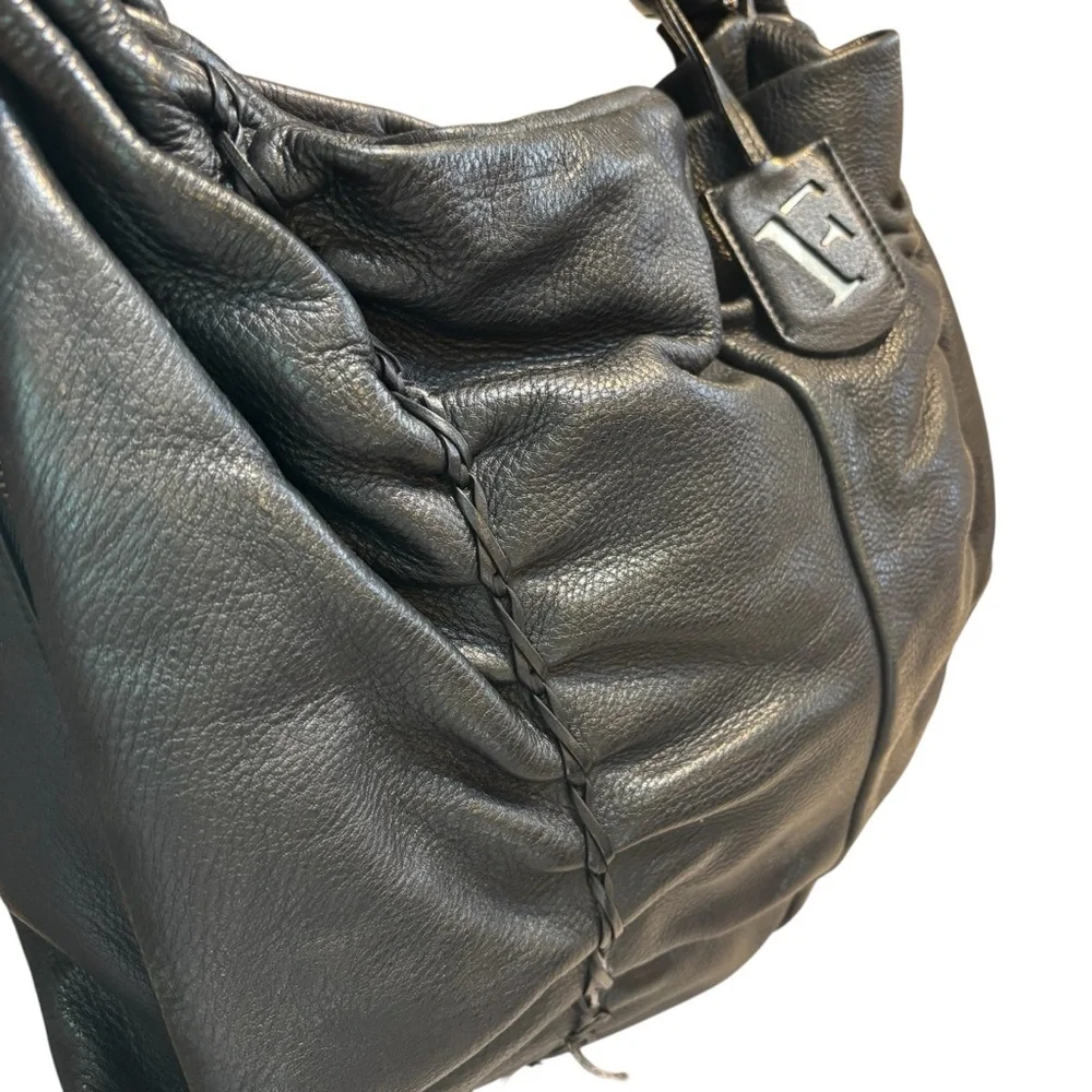 Vintage Furla REHAB Bag Black Leather Hobo Bag braided Trim magnetic snap close